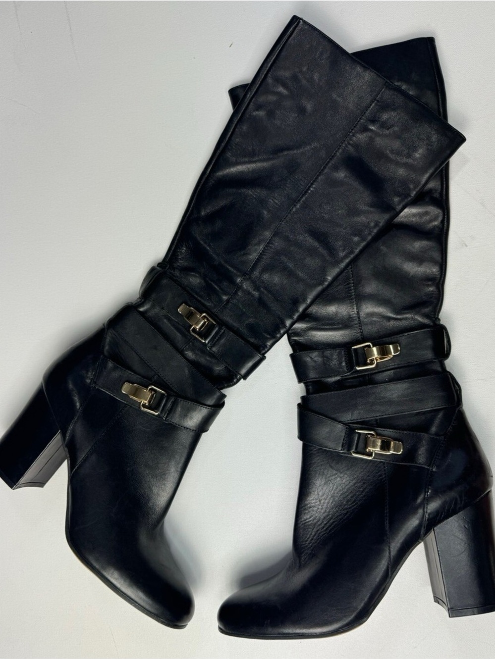 Sam Edelman Fairbanks Tall Black Knee Leather Boots Buckle Gold Hardware